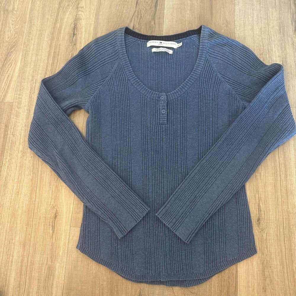 Tommy Hilfiger Women's Medium M Blue Ribbed Long-Sleeve Henley Top Sweater